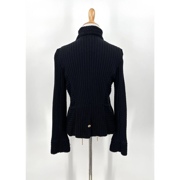 CHANEL 2010 Sweater Womens 34 Black Chain Details Open Cardigan Cotton Chunky - Picture 2 of 16